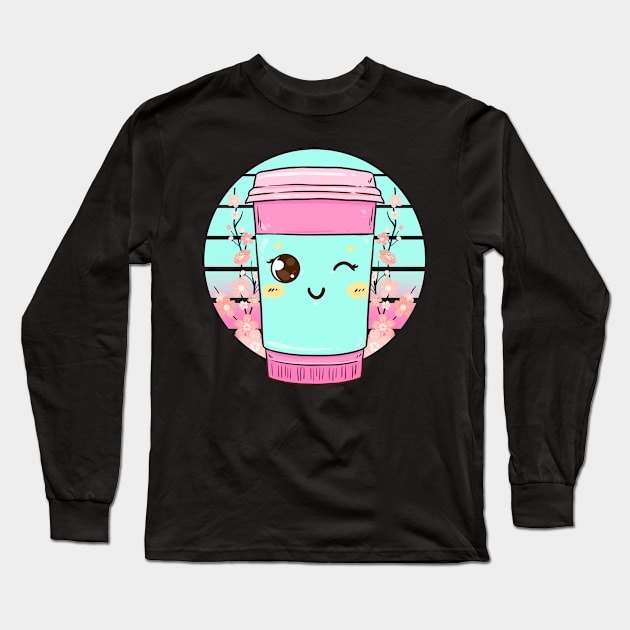 Kawaii Coffee Cup Funny Anime Caffeine Japanese Long Sleeve T-Shirt by theperfectpresents